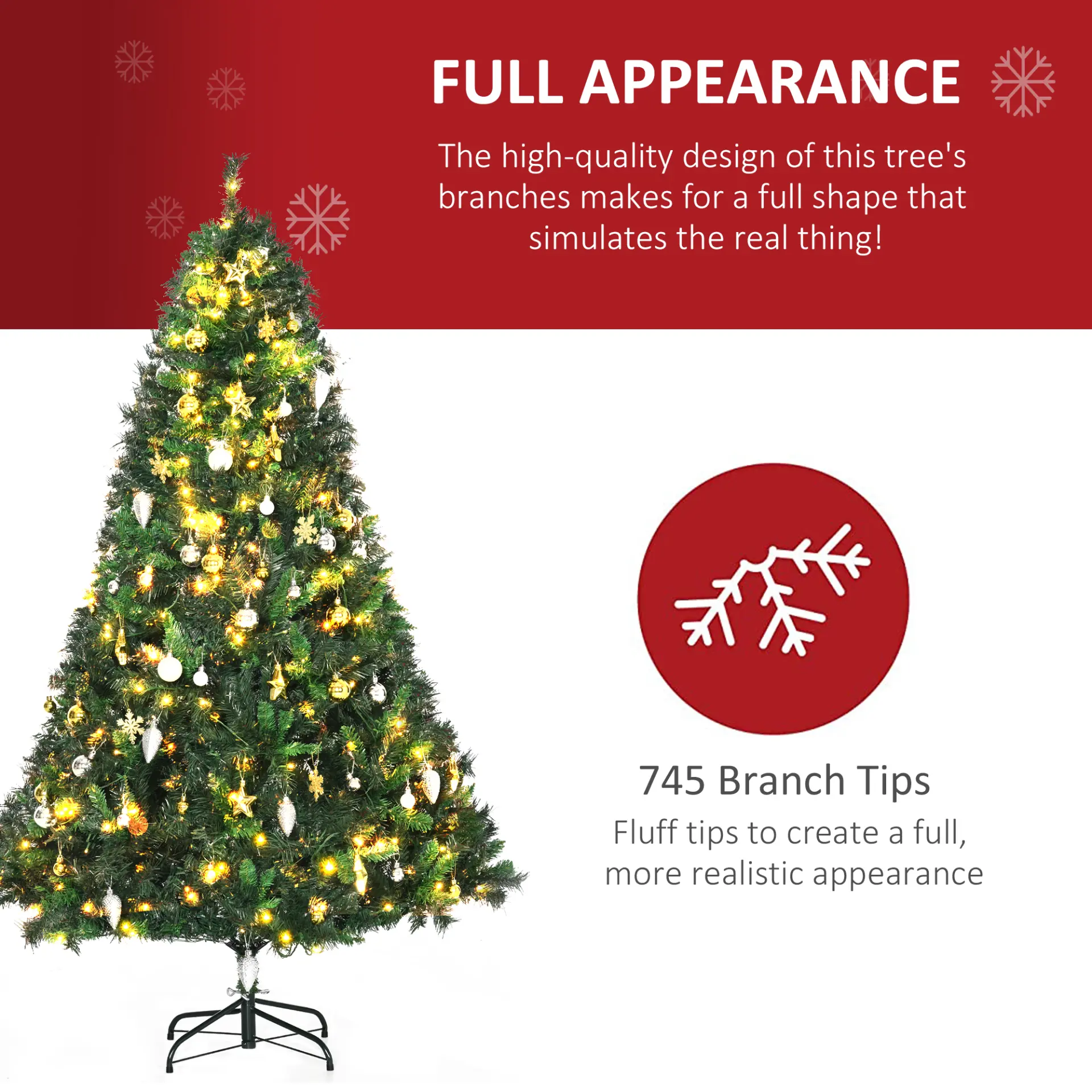 HOMCOM 1.8m 6ft Pre-Lit Artificial Christmas Tree 200 LED Xmas Tree Holiday Decor with Decorative Balls Ornament Metal Stand 4 HOMCOM 1.8m 6ft Pre-Lit Artificial Christmas Tree 200 LED Xmas Tree Holiday Decor with Decorative Balls Ornament Metal Stand - Image 4