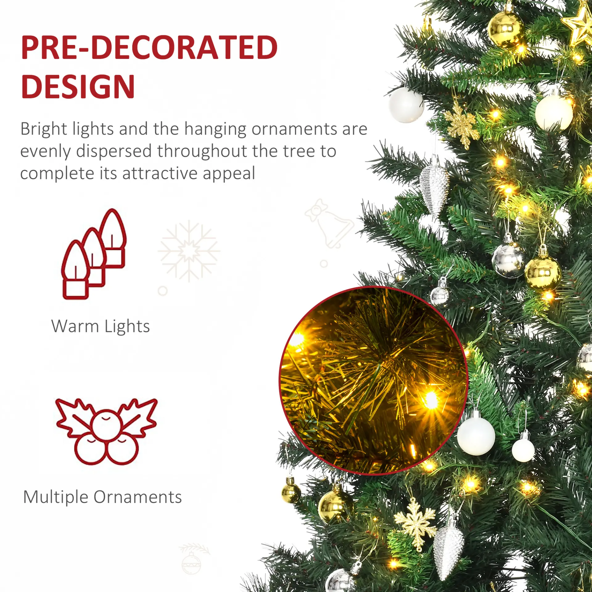 HOMCOM 1.8m 6ft Pre-Lit Artificial Christmas Tree 200 LED Xmas Tree Holiday Decor with Decorative Balls Ornament Metal Stand 5 HOMCOM 1.8m 6ft Pre-Lit Artificial Christmas Tree 200 LED Xmas Tree Holiday Decor with Decorative Balls Ornament Metal Stand - Image 5