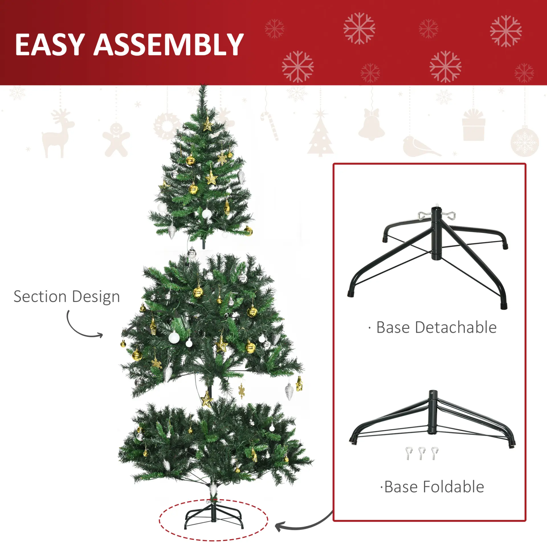 HOMCOM 1.8m 6ft Pre-Lit Artificial Christmas Tree 200 LED Xmas Tree Holiday Decor with Decorative Balls Ornament Metal Stand 6 HOMCOM 1.8m 6ft Pre-Lit Artificial Christmas Tree 200 LED Xmas Tree Holiday Decor with Decorative Balls Ornament Metal Stand - Image 6