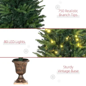 HOMCOM 1.2m 4ft Christmas Tree Entrance Decor 750 Tips Xmas Pre-lit Tree 80 LED with Vase Base - Image 7
