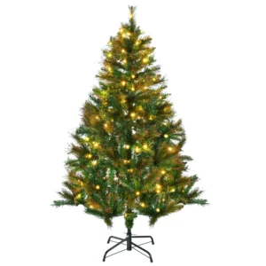 HOMCOM 1.5m 5ft Pre-Lit Christmas Tree Artificial Spruce Xmas Tree Warm White LED Holiday Decor with Metal Stand
