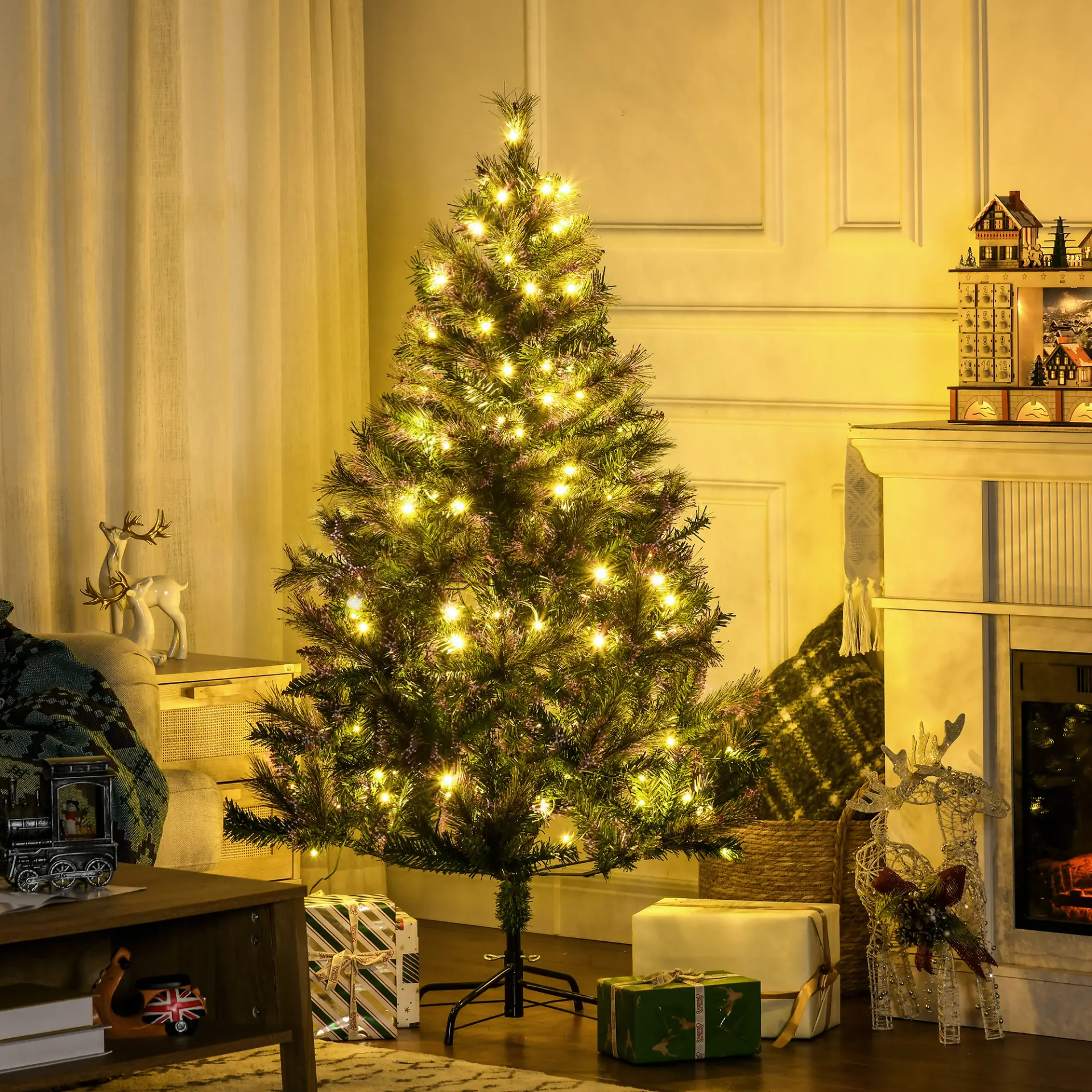 HOMCOM 1.5m 5ft Pre-Lit Christmas Tree Artificial Spruce Xmas Tree Warm White LED Holiday Decor with Metal Stand 2 HOMCOM 1.5m 5ft Pre-Lit Christmas Tree Artificial Spruce Xmas Tree Warm White LED Holiday Decor with Metal Stand - Image 2