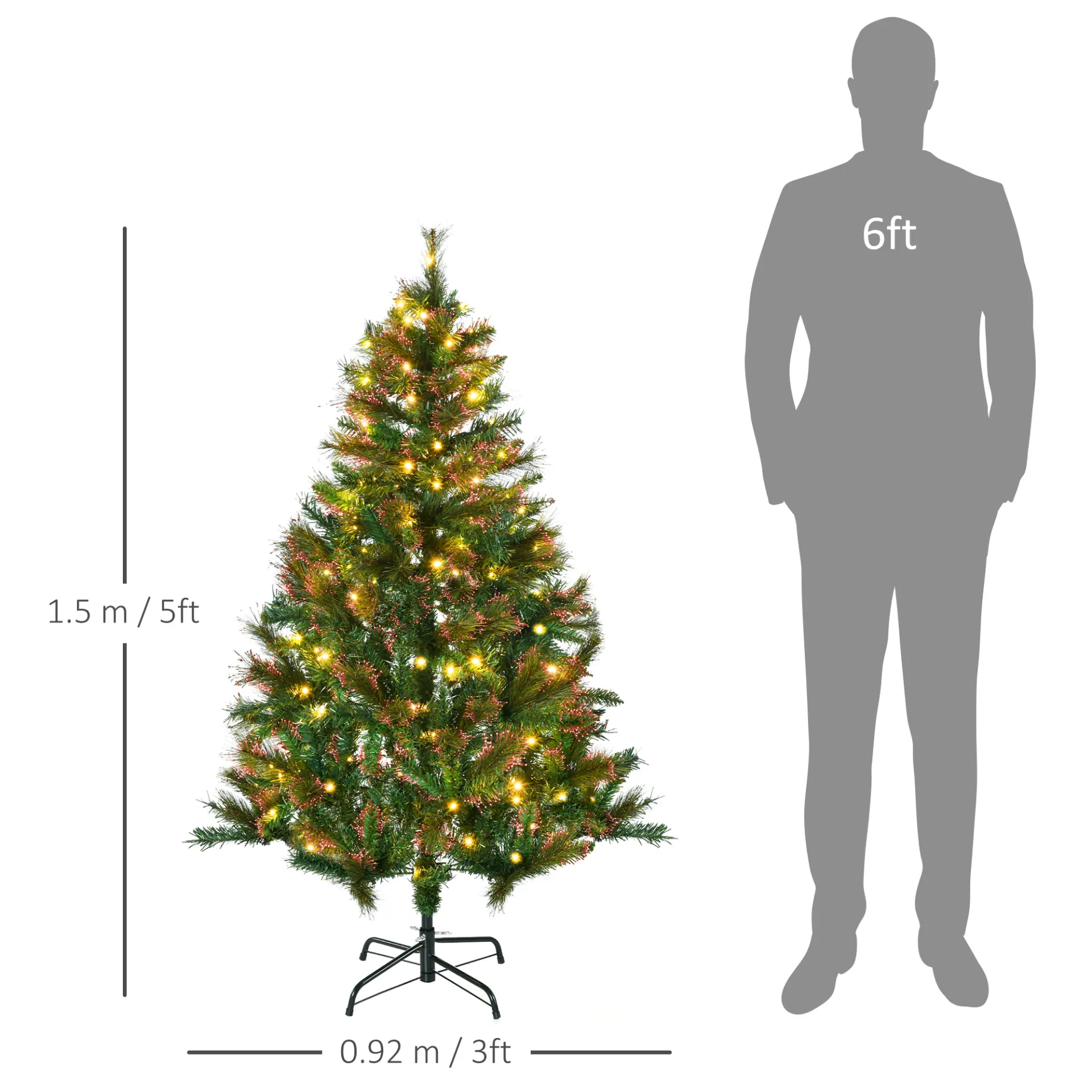 HOMCOM 1.5m 5ft Pre-Lit Christmas Tree Artificial Spruce Xmas Tree Warm White LED Holiday Decor with Metal Stand 3 HOMCOM 1.5m 5ft Pre-Lit Christmas Tree Artificial Spruce Xmas Tree Warm White LED Holiday Decor with Metal Stand - Image 3