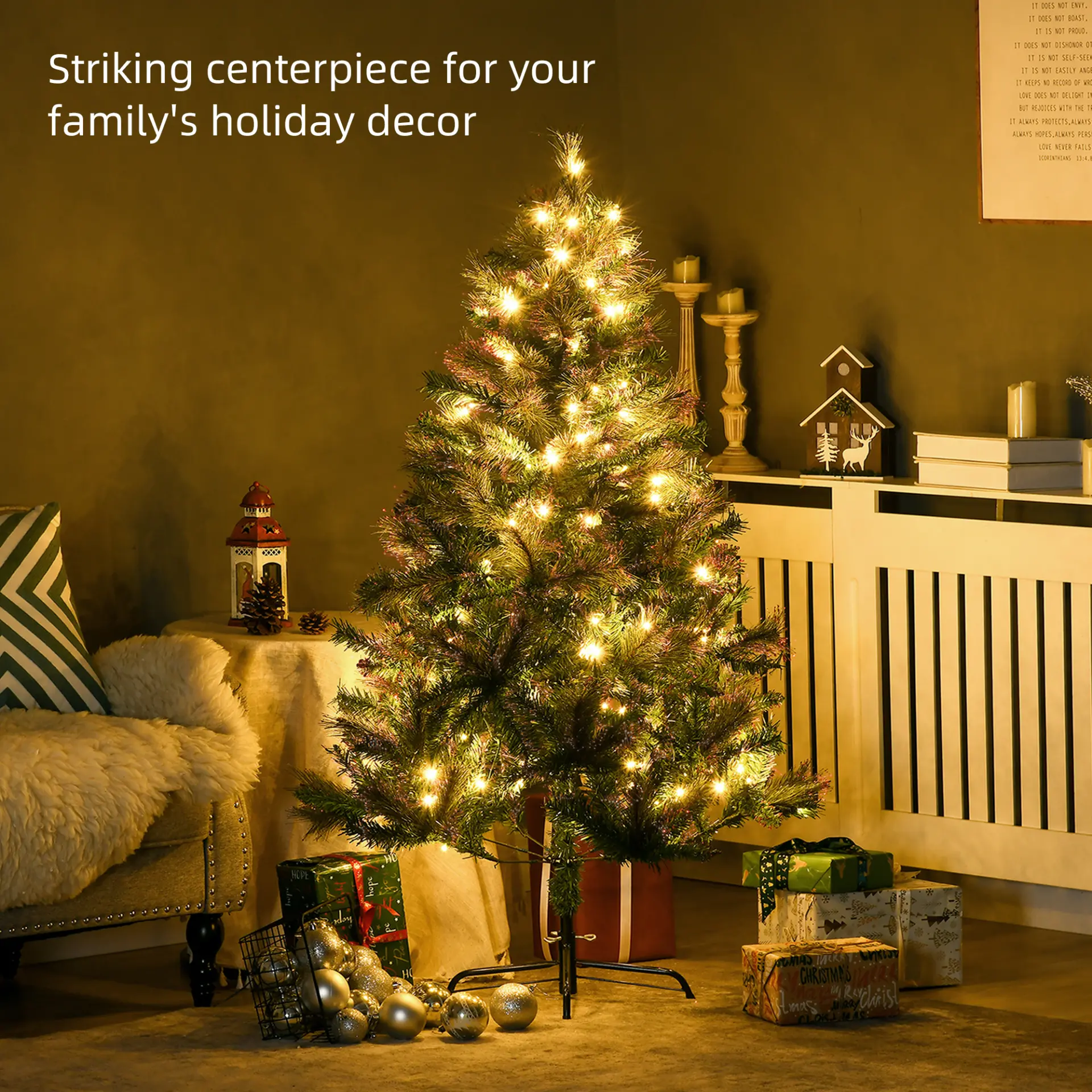 HOMCOM 1.5m 5ft Pre-Lit Christmas Tree Artificial Spruce Xmas Tree Warm White LED Holiday Decor with Metal Stand 4 HOMCOM 1.5m 5ft Pre-Lit Christmas Tree Artificial Spruce Xmas Tree Warm White LED Holiday Decor with Metal Stand - Image 4