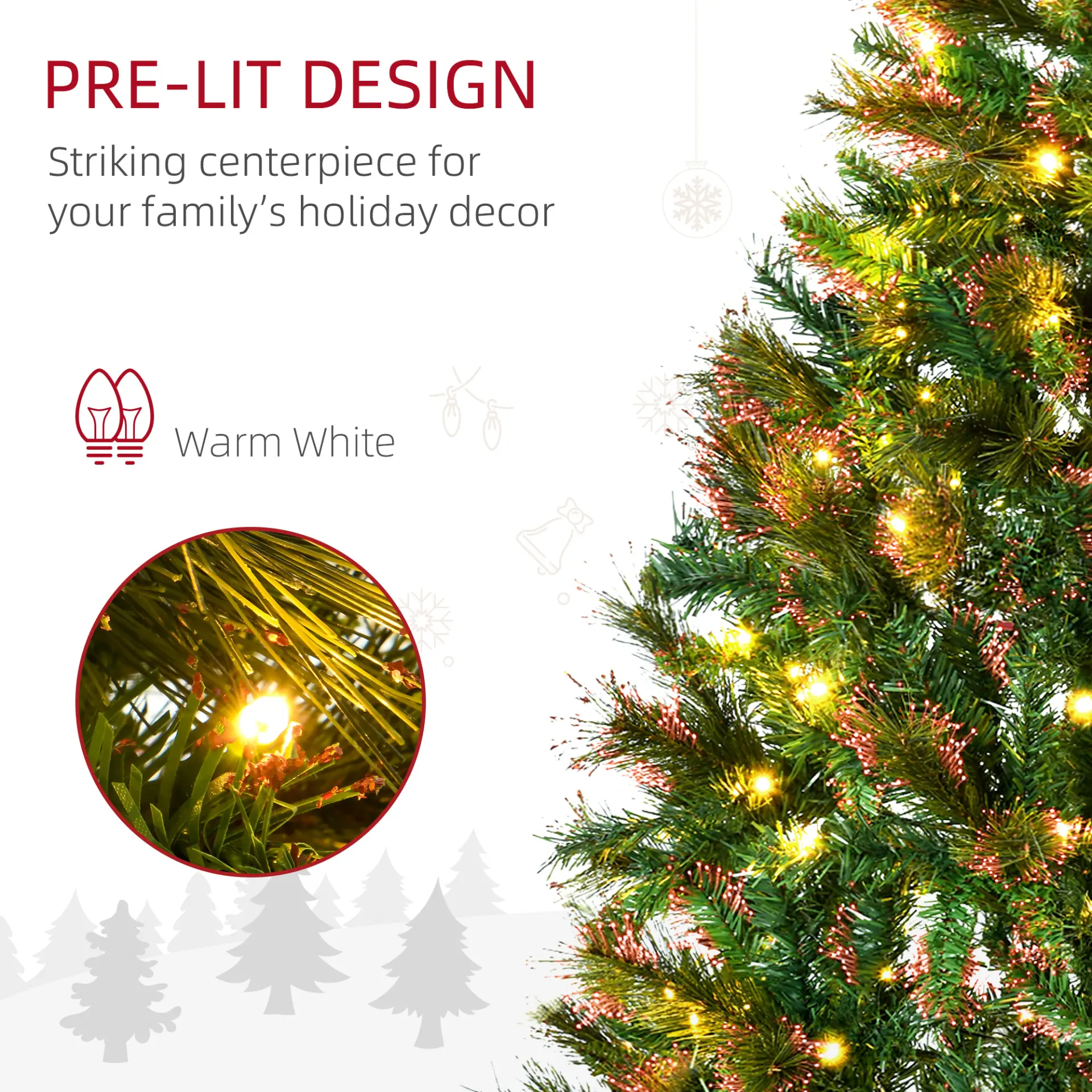 HOMCOM 1.5m 5ft Pre-Lit Christmas Tree Artificial Spruce Xmas Tree Warm White LED Holiday Decor with Metal Stand 5 HOMCOM 1.5m 5ft Pre-Lit Christmas Tree Artificial Spruce Xmas Tree Warm White LED Holiday Decor with Metal Stand - Image 5