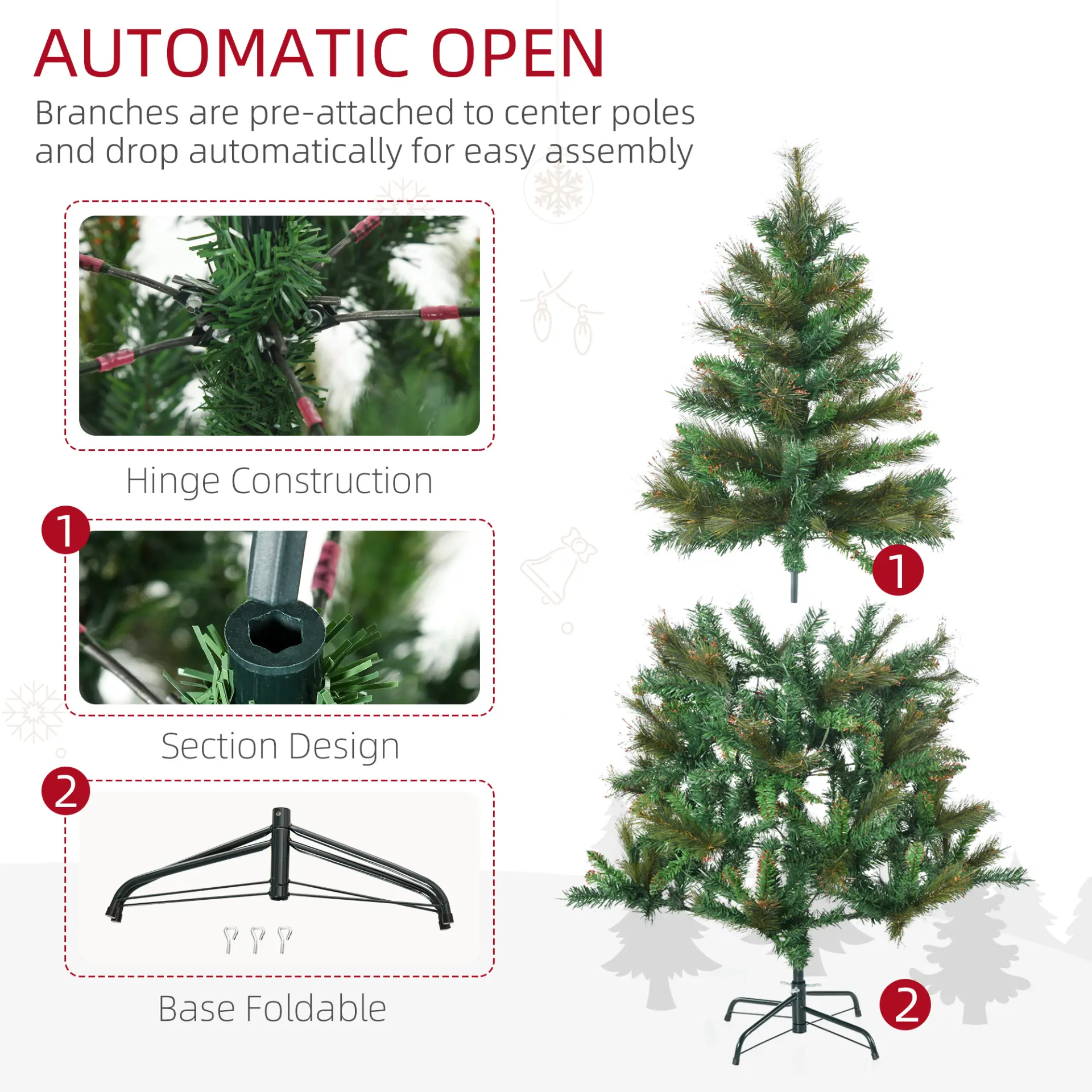 HOMCOM 1.5m 5ft Pre-Lit Christmas Tree Artificial Spruce Xmas Tree Warm White LED Holiday Decor with Metal Stand 6 HOMCOM 1.5m 5ft Pre-Lit Christmas Tree Artificial Spruce Xmas Tree Warm White LED Holiday Decor with Metal Stand - Image 6